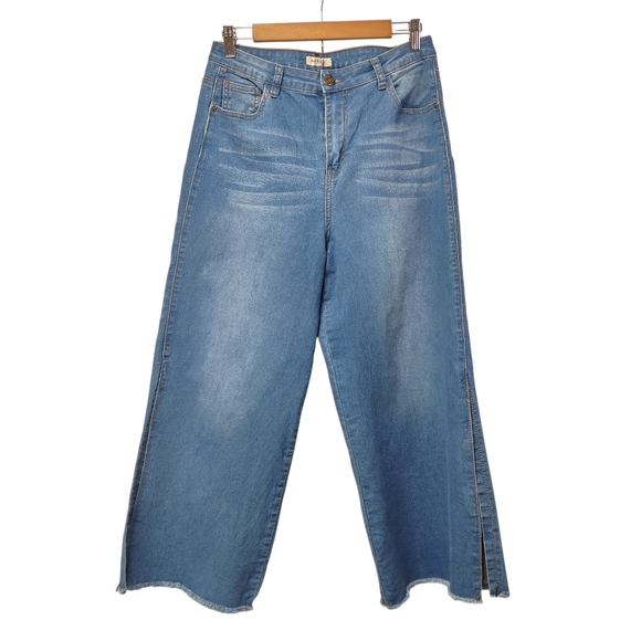 Machine Denim - Machine Pour Neuf Mode Wide Leg Jeans Blue Denim Side Slit Raw Hem Size 10/12